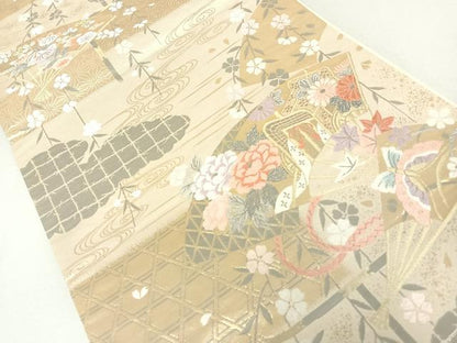 平和屋着物◎六通柄袋帯 唐織 扇面花蝶文 金銀糸 正絹 逸品 DAAL3599cd