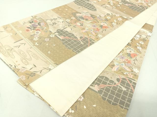 平和屋着物◎六通柄袋帯 唐織 扇面花蝶文 金銀糸 正絹 逸品 DAAL3599cd