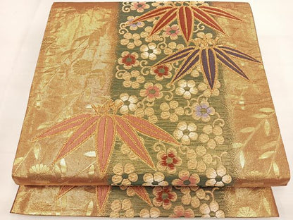 平和屋着物◎両面 六通柄袋帯 笹草花文 金糸 正絹 逸品 DAAL3616cd