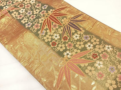 平和屋着物◎両面 六通柄袋帯 笹草花文 金糸 正絹 逸品 DAAL3616cd