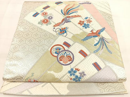 平和屋着物◎六通柄袋帯　唐織　扇面鳳凰草花文　金銀糸　正絹　逸品　DAAL3625cd