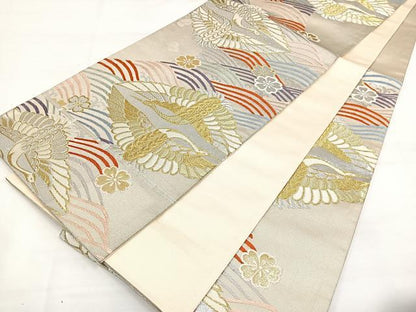 平和屋着物◎六通柄袋帯 唐織 双鶴花文 金銀糸 正絹 逸品 DAAL3679cd