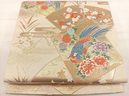 平和屋着物◎六通柄袋帯 唐織 色紙花鳥文 金糸 正絹 逸品 DAAL3700cd