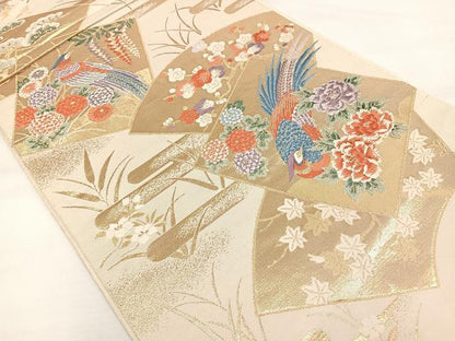 平和屋着物◎六通柄袋帯 唐織 色紙花鳥文 金糸 正絹 逸品 DAAL3700cd