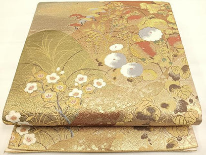 平和屋着物◎六通柄袋帯 重ね山草花文 金糸 正絹 逸品 DAAL3703cd