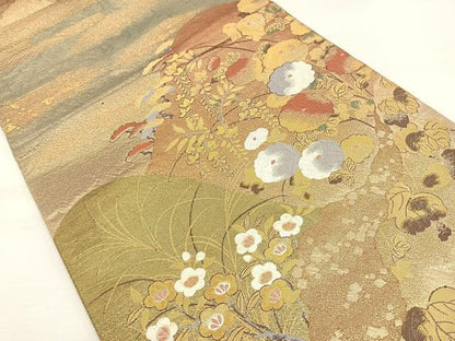 平和屋着物◎六通柄袋帯 重ね山草花文 金糸 正絹 逸品 DAAL3703cd