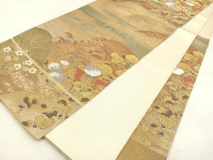 平和屋着物◎六通柄袋帯 重ね山草花文 金糸 正絹 逸品 DAAL3703cd