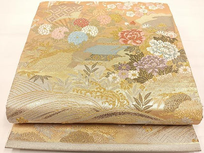 平和屋着物◎六通柄袋帯 流水草花文 金銀糸 正絹 逸品 DAAL3704cd