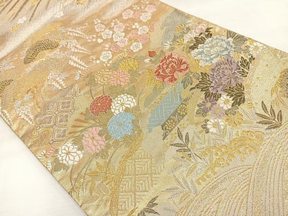 平和屋着物◎六通柄袋帯 流水草花文 金銀糸 正絹 逸品 DAAL3704cd