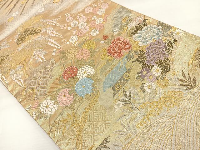 平和屋着物◎六通柄袋帯 流水草花文 金銀糸 正絹 逸品 DAAL3704cd