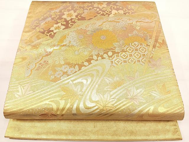 平和屋着物◎六通太鼓柄袋帯 扇面草花文 金銀彩 引箔 正絹 逸品 DAAL3711cd