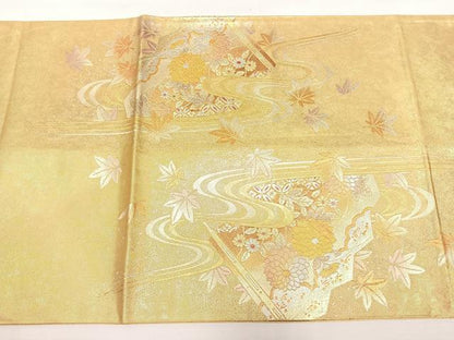 平和屋着物◎六通太鼓柄袋帯 扇面草花文 金銀彩 引箔 正絹 逸品 DAAL3711cd