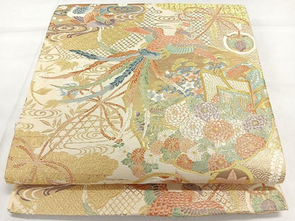平和屋着物◎六通柄袋帯 鏡裏御所車花鳥文 金糸 正絹 逸品 DAAL3729cd