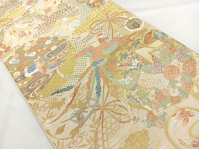平和屋着物◎六通柄袋帯 鏡裏御所車花鳥文 金糸 正絹 逸品 DAAL3729cd