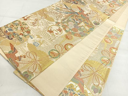 平和屋着物◎六通柄袋帯 鏡裏御所車花鳥文 金糸 正絹 逸品 DAAL3729cd