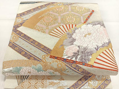 平和屋着物◎六通柄袋帯 唐織 扇面花文 金銀糸 正絹 逸品 DAAL3734cd