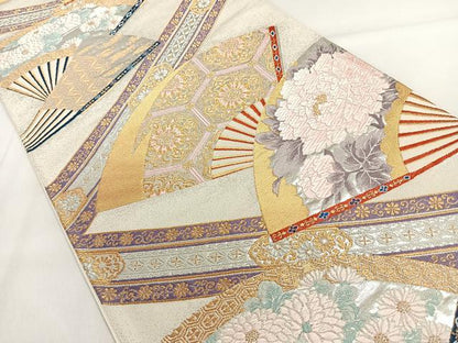平和屋着物◎六通柄袋帯 唐織 扇面花文 金銀糸 正絹 逸品 DAAL3734cd