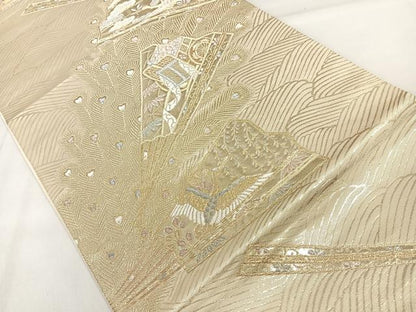 平和屋着物◎六通柄袋帯 立波扇面花鳥文 金糸 正絹 逸品 DAAL3745cd