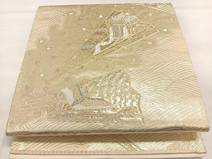 平和屋着物◎六通柄袋帯 立波扇面花鳥文 金糸 正絹 逸品 DAAL3745cd