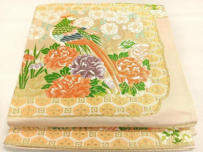 平和屋着物◎六通柄袋帯 唐織 色紙重ね花鳥文 金糸 正絹 逸品 DAAL3753cd