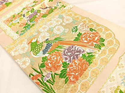 平和屋着物◎六通柄袋帯 唐織 色紙重ね花鳥文 金糸 正絹 逸品 DAAL3753cd