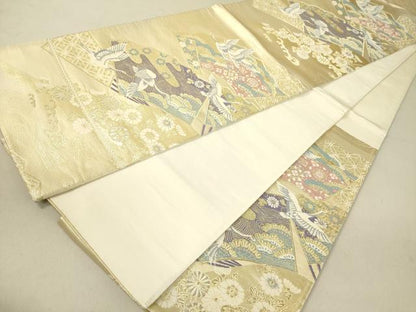 平和屋着物◎六通柄袋帯 飛鶴地紙花文 金糸 正絹 逸品 DAAL3787cd