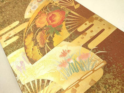 平和屋着物◎六通太鼓柄袋帯 扇面草花文 金銀彩 引箔 正絹 逸品 DAAL3790cd