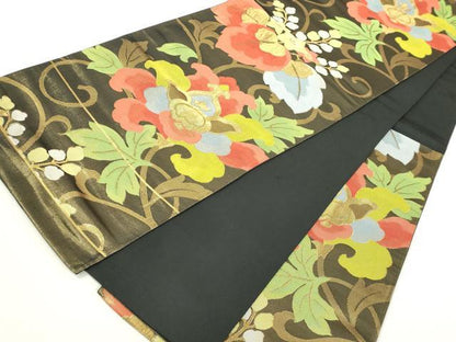 平和屋着物◎六通柄袋帯　更紗花文　黒地　金糸　正絹　逸品　DAAL3805cd