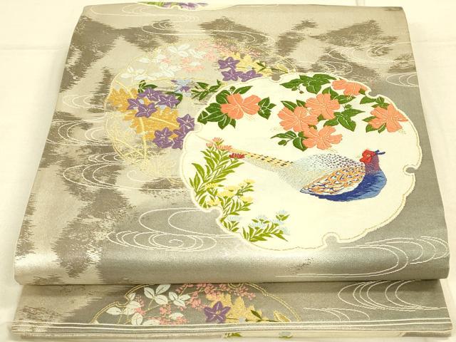 平和屋着物◎六通柄袋帯　唐織　雪輪花鳥文　雉　金糸　引箔　正絹　逸品　DAAL3838cd