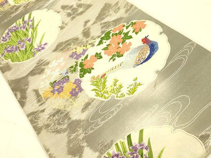 平和屋着物◎六通柄袋帯　唐織　雪輪花鳥文　雉　金糸　引箔　正絹　逸品　DAAL3838cd
