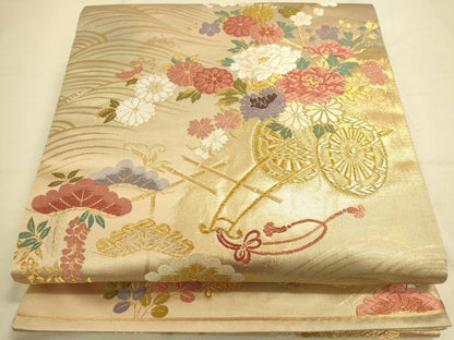 平和屋着物◎六通柄袋帯　唐織　花車文　金糸　正絹　逸品　DAAL3856cd