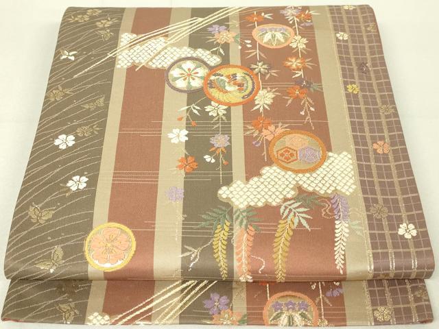 平和屋着物◎六通柄袋帯 唐織 扇面花鳥丸文 金糸 正絹 逸品 DAAL6028fc