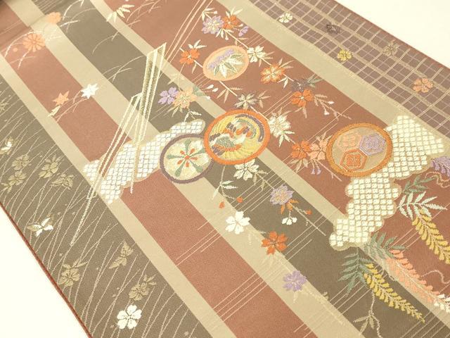 平和屋着物◎六通柄袋帯 唐織 扇面花鳥丸文 金糸 正絹 逸品 DAAL6028fc