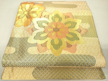 平和屋着物◎佐賀錦　両面　太鼓柄袋帯　霞取り吉祥草花文　正絹　逸品　DAAL6031fc