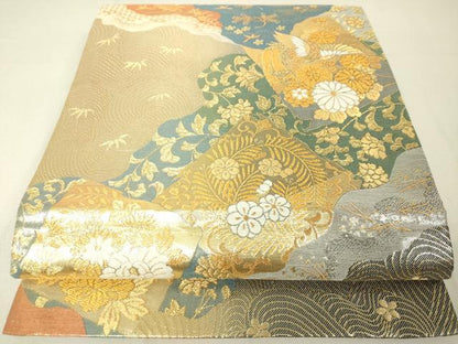 平和屋着物◎六通柄袋帯 道長色紙花鳥文 金糸 正絹 逸品 DAAL6044fc