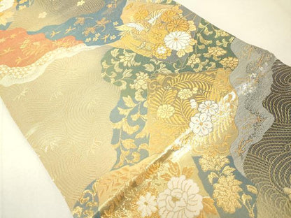 平和屋着物◎六通柄袋帯 道長色紙花鳥文 金糸 正絹 逸品 DAAL6044fc