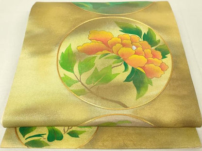 平和屋着物◎六通太鼓柄袋帯　手描き　駒刺繍　花丸文　金銀糸　正絹　逸品　DAAL6045fc