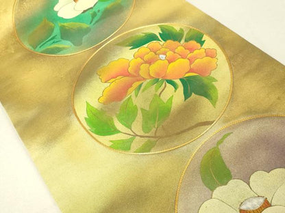 平和屋着物◎六通太鼓柄袋帯　手描き　駒刺繍　花丸文　金銀糸　正絹　逸品　DAAL6045fc