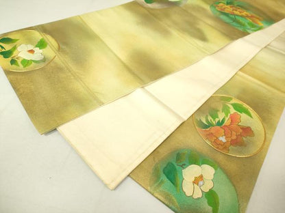 平和屋着物◎六通太鼓柄袋帯　手描き　駒刺繍　花丸文　金銀糸　正絹　逸品　DAAL6045fc
