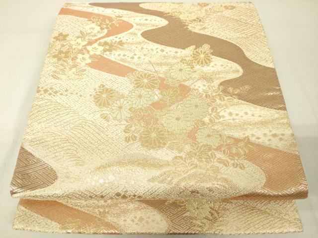 平和屋着物◎六通柄袋帯 流水草花文 金糸 正絹 逸品 DAAL6062fc