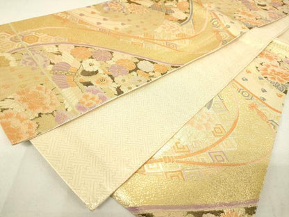 平和屋着物◎佐賀錦　六通柄袋帯　孔雀吉祥花文　金糸　正絹　逸品　DAAL6063fc