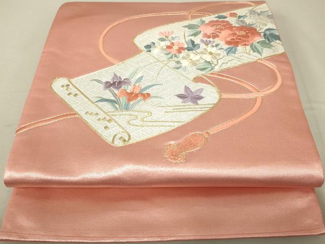 平和屋着物◎太鼓柄袋帯 駒刺繍 総刺繍 蒔絵草花文 金銀糸 引箔 正絹 逸品 DAAL6284fc