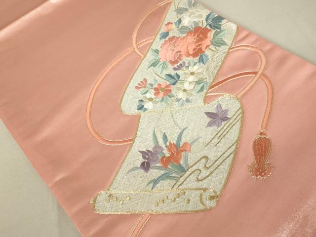 平和屋着物◎太鼓柄袋帯 駒刺繍 総刺繍 蒔絵草花文 金銀糸 引箔 正絹 逸品 DAAL6284fc