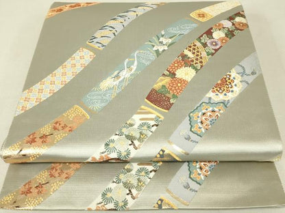 平和屋着物◎六通柄袋帯 花鳥籬文 鶴 金銀糸 正絹 逸品 DAAL6319fc