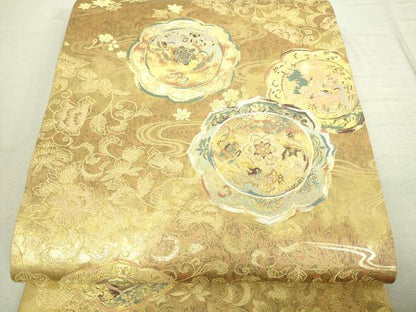 平和屋着物■六通柄袋帯　流水草花文　金糸　正絹　逸品　DAAM0425sf