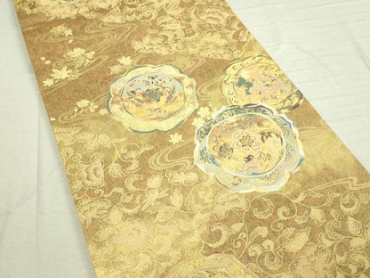 平和屋着物■六通柄袋帯　流水草花文　金糸　正絹　逸品　DAAM0425sf