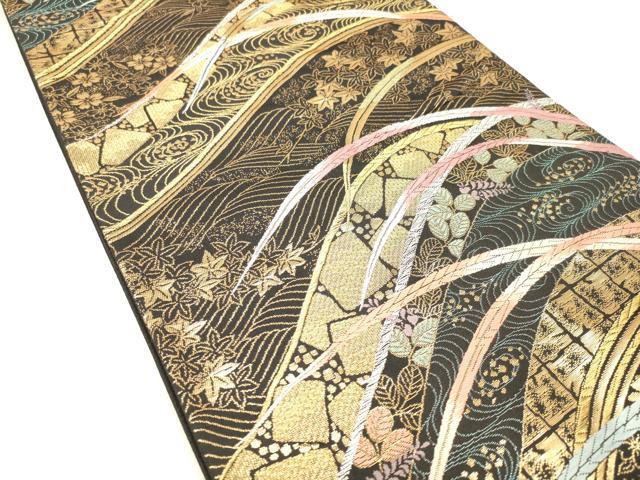 平和屋着物◎六通柄袋帯 立波草花文 黒地 金銀糸 正絹 逸品