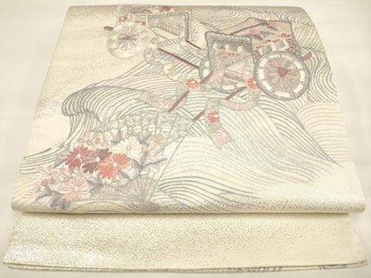平和屋着物◎六通太鼓柄袋帯 総刺繍 御所車扇面花文 銀糸 正絹 逸品 DAAM0547bc