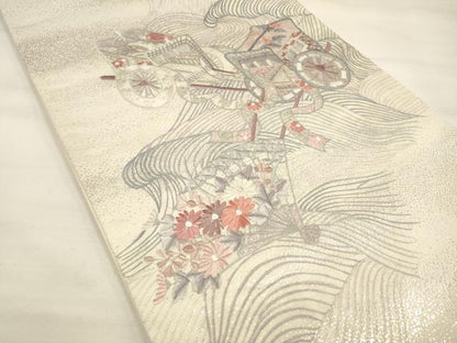 平和屋着物◎六通太鼓柄袋帯 総刺繍 御所車扇面花文 銀糸 正絹 逸品 DAAM0547bc