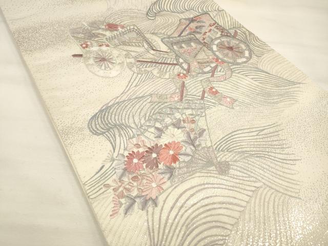 平和屋着物◎六通太鼓柄袋帯 総刺繍 御所車扇面花文 銀糸 正絹 逸品 DAAM0547bc